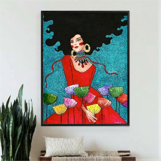 Robe Rouge et Champ de Fleurs Vives