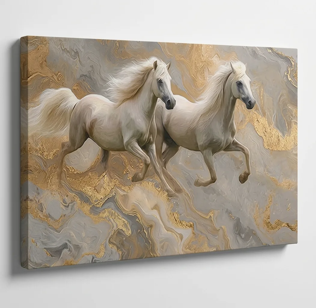 Chevaux Beige Marbre Gris et Doré
